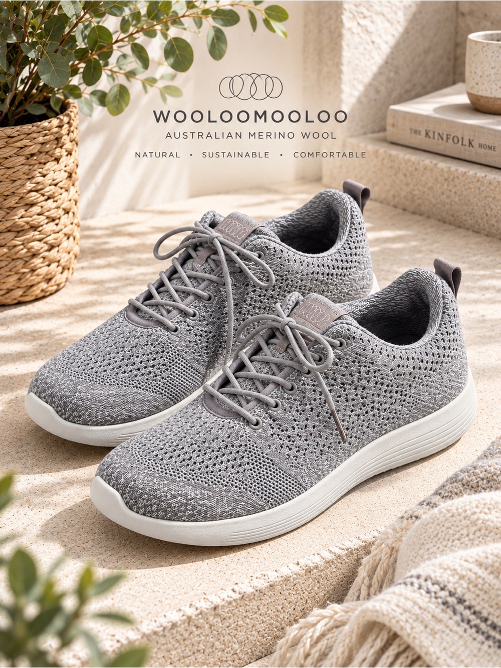 NEW WOOLOOMOOLOO Shirley Gray 100% Merino Wool Athletic Sneakers Sustainable 6.5